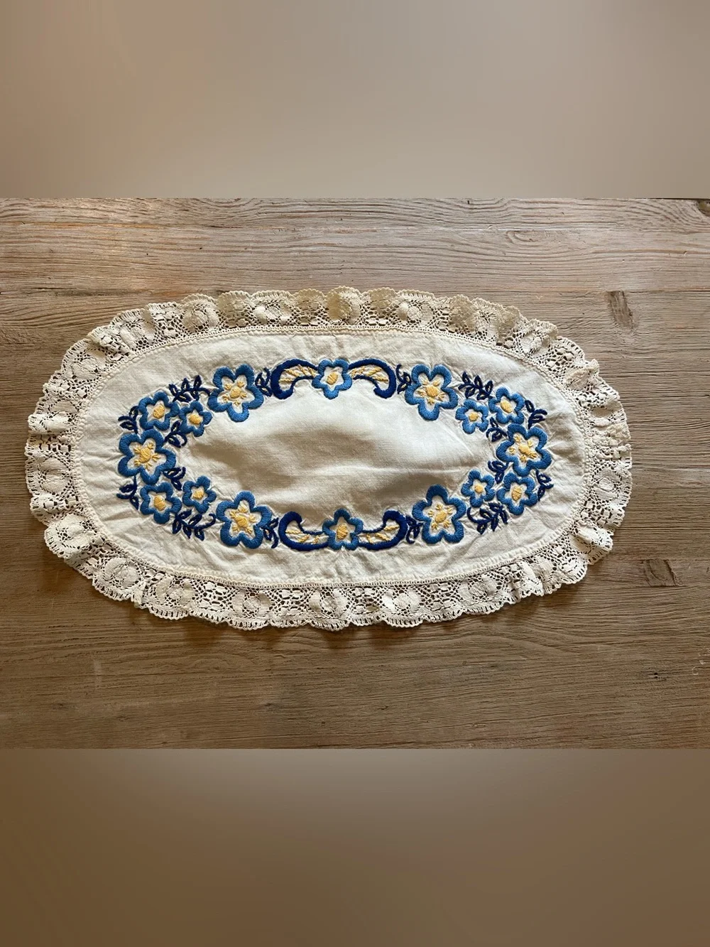 Vintage Hand Embroidered Oval Doily - Blue and Yellow Floral Linen with Delicate